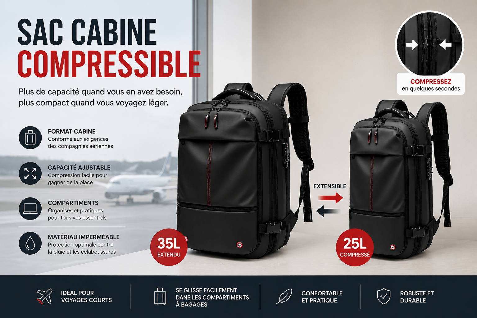 Sac à dos cabine compressible | Approuvé Ryanair, EasyJet, WizzAir, Transavia